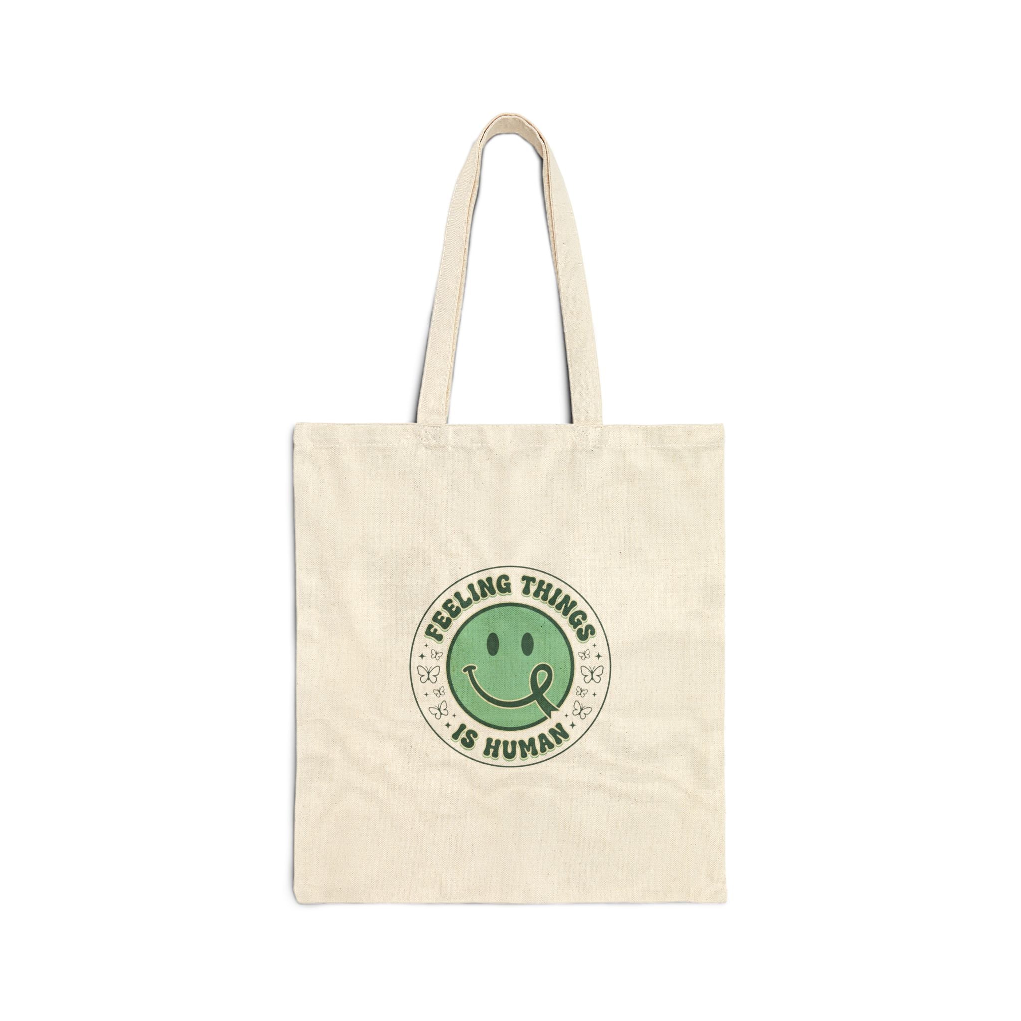 Feeling Things Is Human Tote | Mental Health Awareness, Green Smiley Ribbon