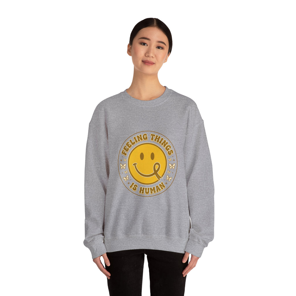 Feeling Things Is Human Sweatshirt | Mental Health Awareness, Retro Smiley Green Ribbon