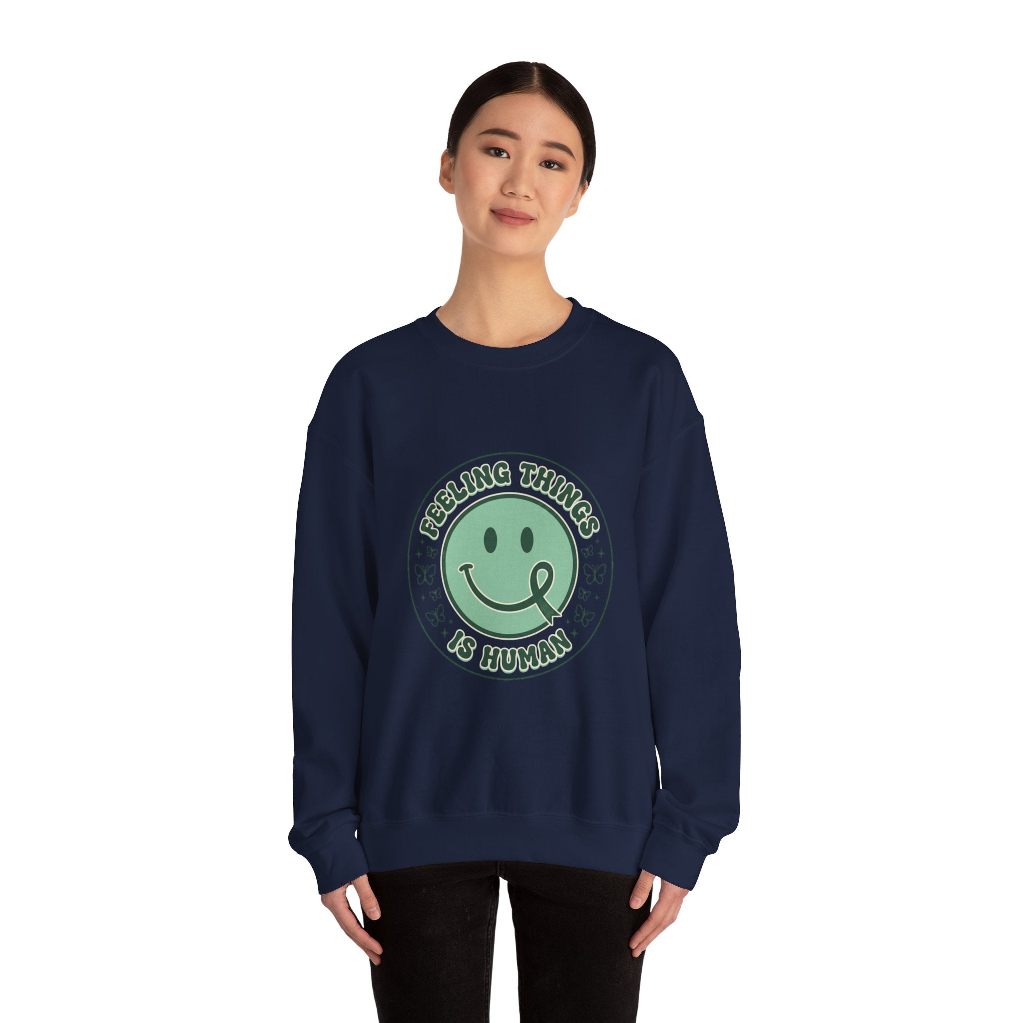 Feeling Things Is Human sweatshirt | Mental Health Awareness, Green Smiley Ribbon