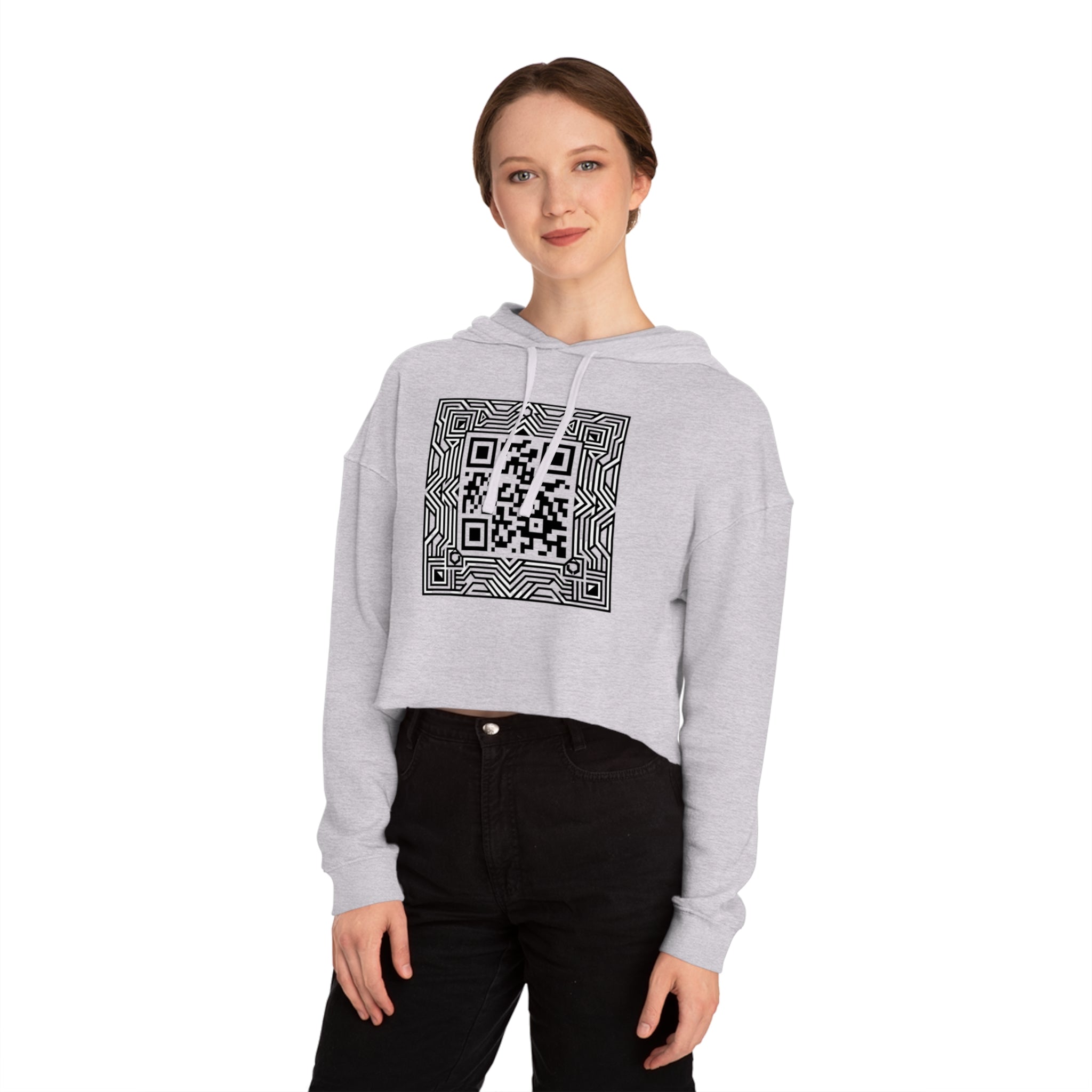 Urbania QR Code Graphic Cropped Hoodie — Techy Geometric Womens Hooded Sweatshirt
