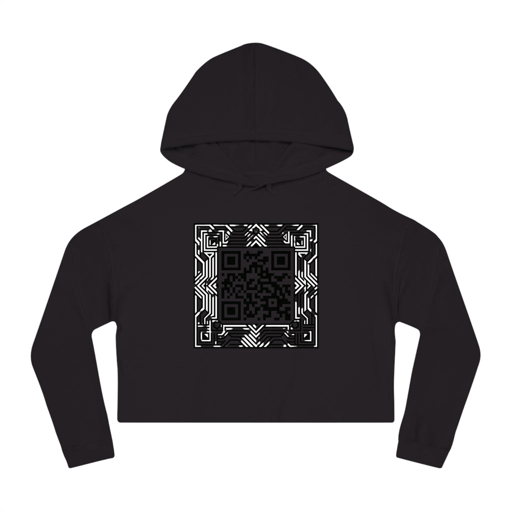 Urbania QR Code Graphic Cropped Hoodie — Techy Geometric Womens Hooded Sweatshirt