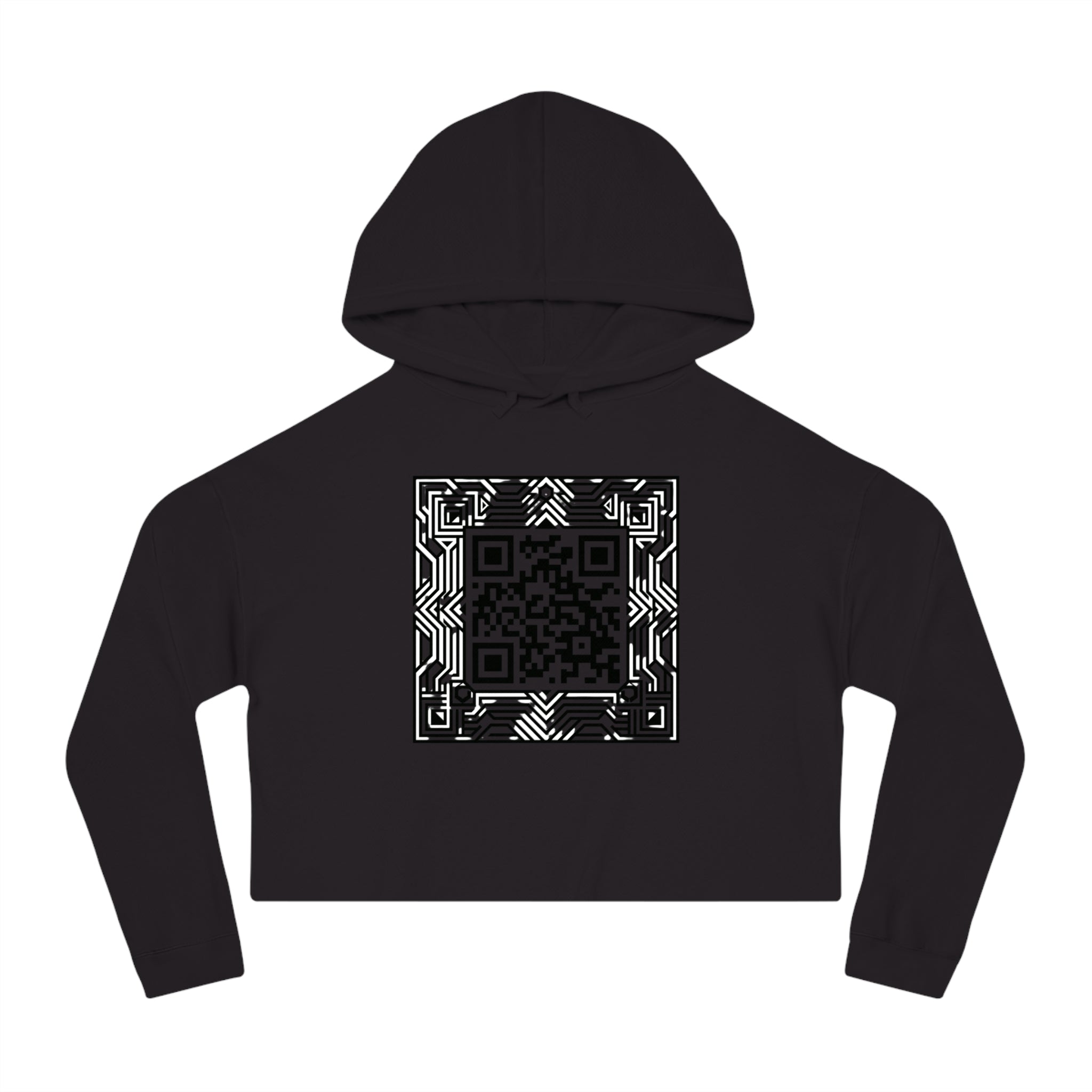 Urbania QR Code Graphic Cropped Hoodie — Techy Geometric Womens Hooded Sweatshirt